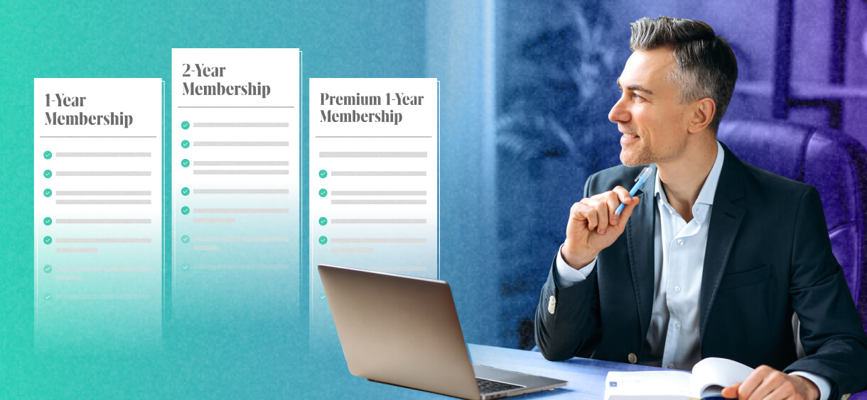 Man in a business suit looks to his right at the curated membership packages that the button in this section will take you to.